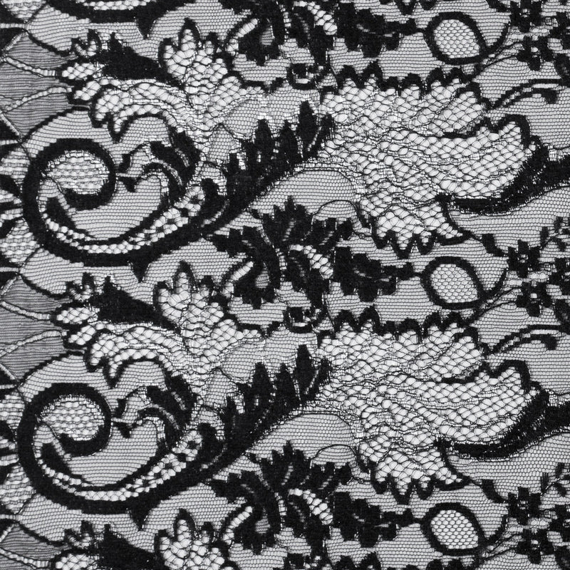 Re-Embroidered Lace with Scalloped Eyelash Edges 23" - Black Leaves