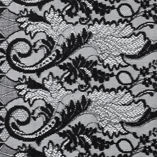 Re-Embroidered Lace with Scalloped Eyelash Edges 23" - Black Leaves