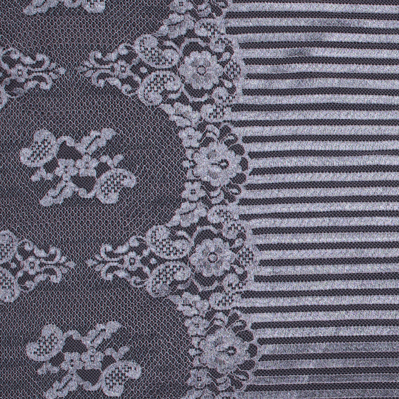 Lace with Scalloped Eyelash Edges - Rose and Metallic Silver Striped Floral