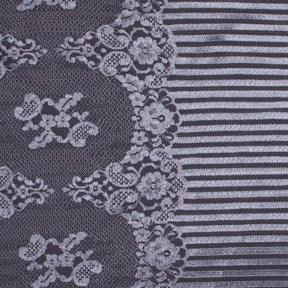 Lace with Scalloped Eyelash Edges - Rose and Metallic Silver Striped Floral