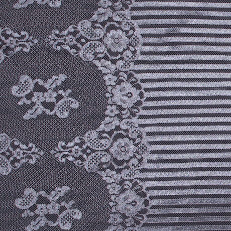 Lace with Scalloped Eyelash Edges - Rose and Metallic Silver Striped Floral