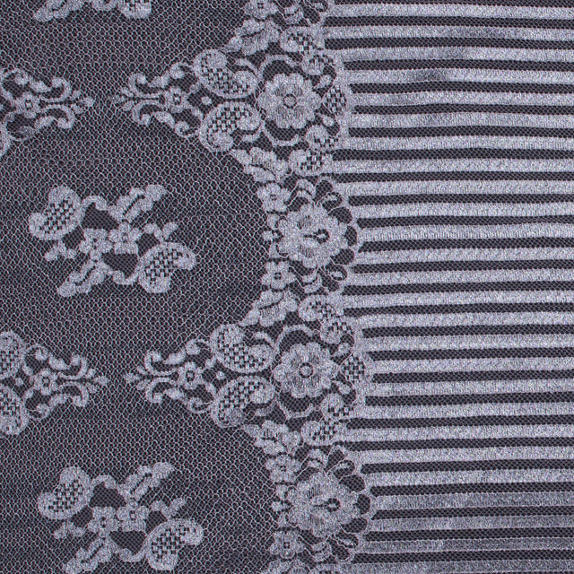 Lace with Scalloped Eyelash Edges - Rose and Metallic Silver Striped Floral
