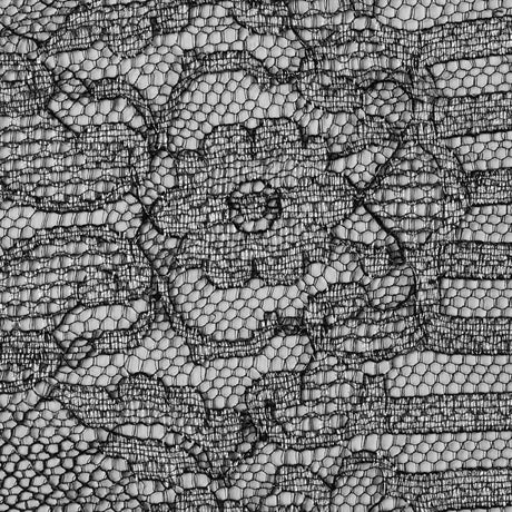 Lace with Scalloped Eyelash Edges - Black and Metallic Silver Striped Floral