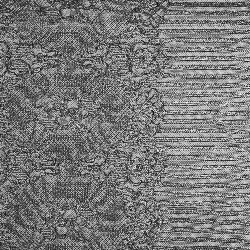 Lace with Scalloped Eyelash Edges - Black and Metallic Silver Striped Floral