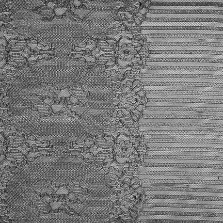 Lace with Scalloped Eyelash Edges - Black and Metallic Silver Striped Floral