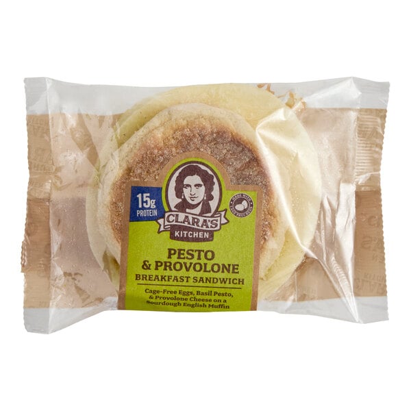 Clara's Kitchen Pesto and Provolone Breakfast Sandwich 4 oz. - 12/Case