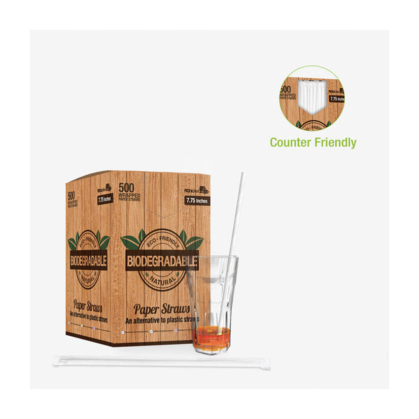 Packnwood Durable Wrapped Solid White Paper Straws, .2" Dia. x 7.75", Case of 3000