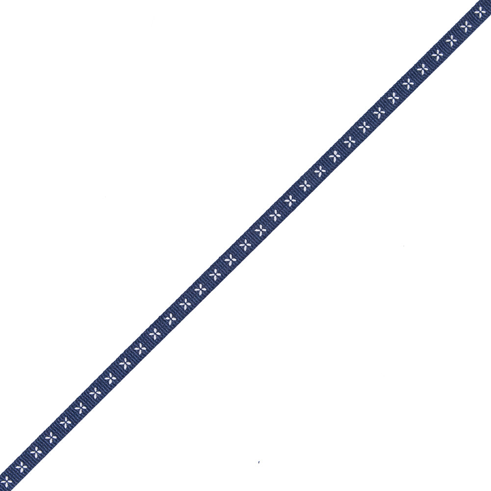 Navy and White Stitched Grosgrain Ribbon - 0.25"