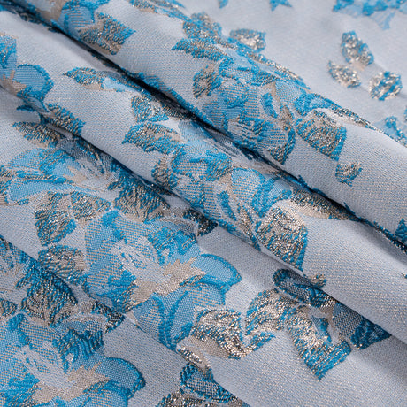 Metallic Pale Gold/Blue Floral Brocade