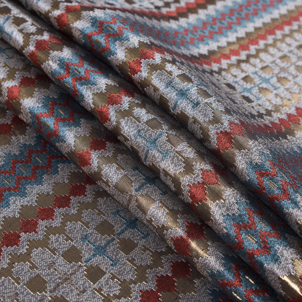 Italian Metallic Gold, Orange and Blue Geometric Brocade