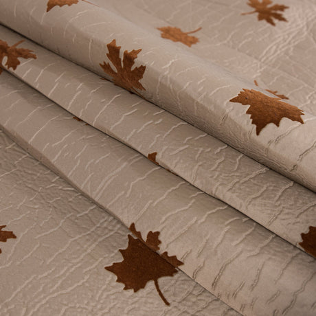 Beige and Gray Fused Double-Cloth Flocked with Brown Leaves