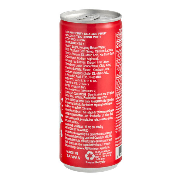 Possmei Popping Jacky Ready-to-Drink Strawberry Dragon Fruit Oolong Bubble Tea 8 oz. - 24/Case