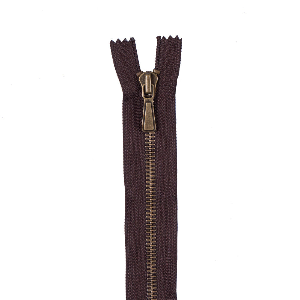 Dark Brown Metal Zipper with Antique Gold Pull and Teeth - 5"