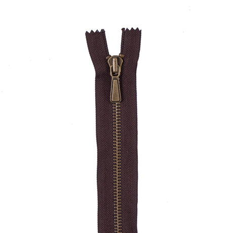 Dark Brown Metal Zipper with Antique Gold Pull and Teeth - 5"