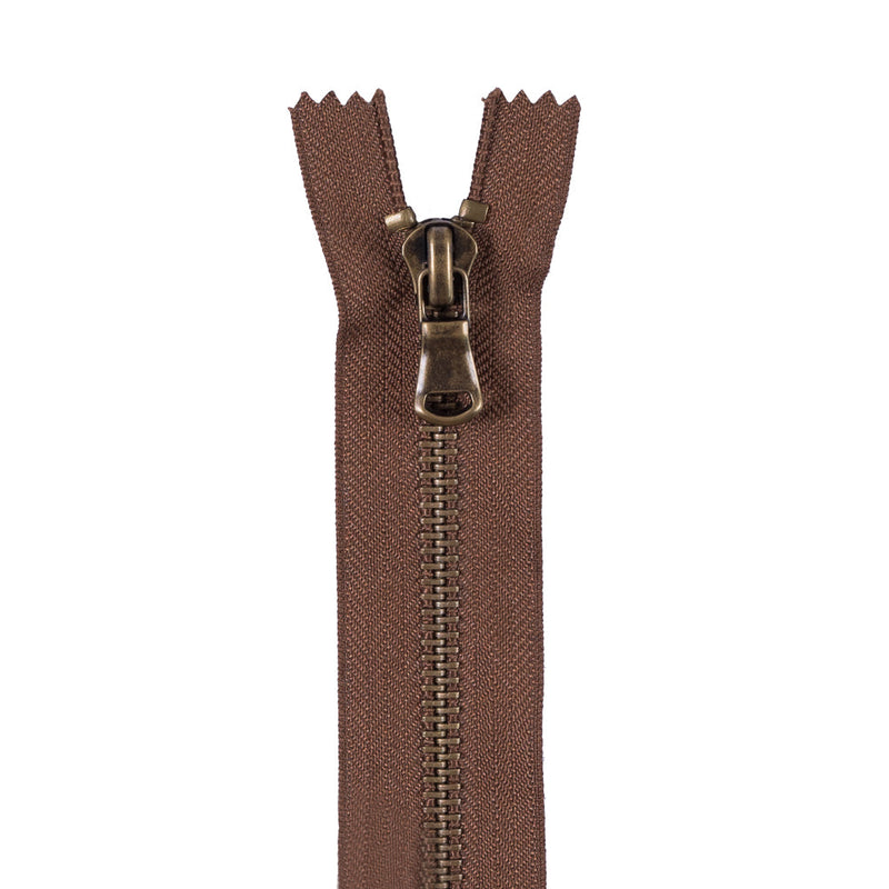 Brown Metal Zipper with Antique Gold Pull and Teeth - 4.5"