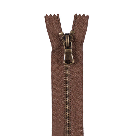 Brown Metal Zipper with Antique Gold Pull and Teeth - 4.5"