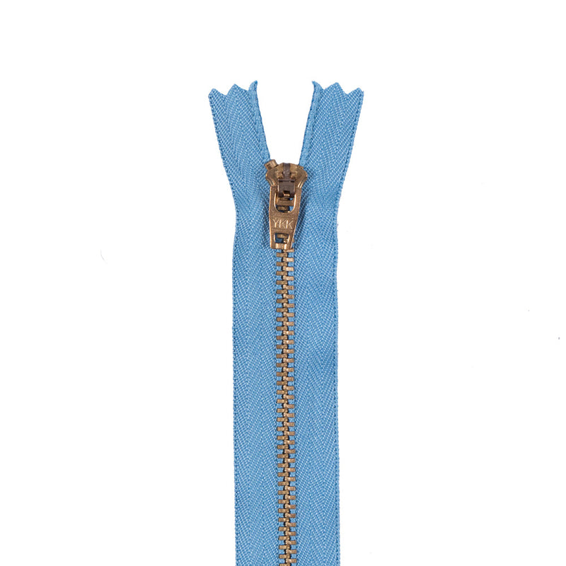 Blue Metal Zipper with Gold Pull and Teeth - 4.5"
