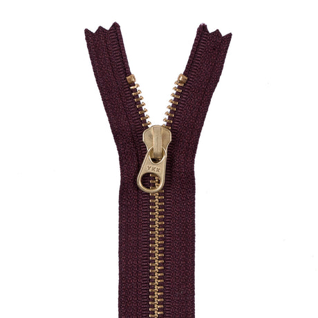 Metal Zipper with Gold Pull and Teeth 4.5" - Reddish Brown