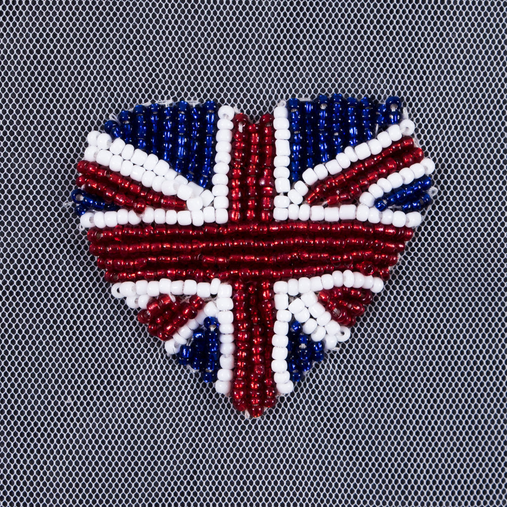 Heart Shaped Union Jack Beaded Applique - 2" x 2"