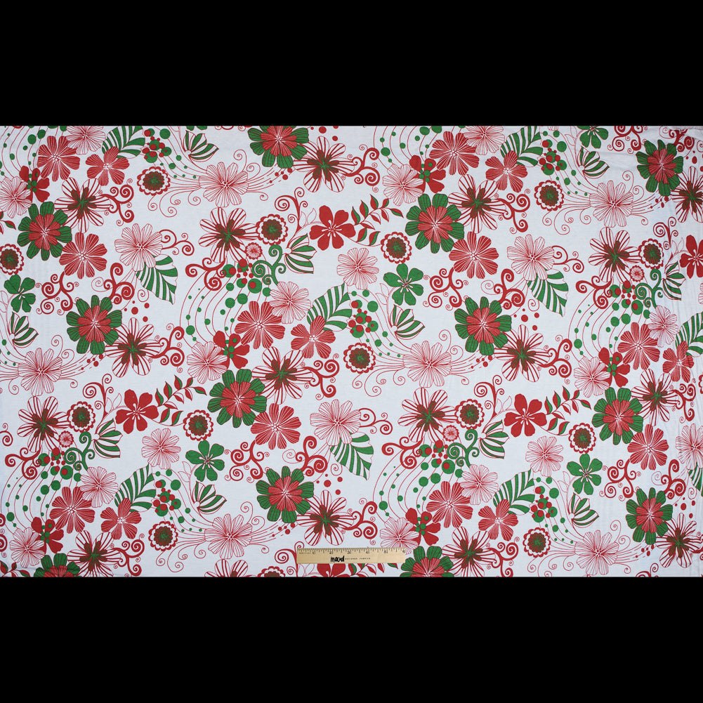 Red, Green and White Christmas-Spirited Floral Cotton Jersey
