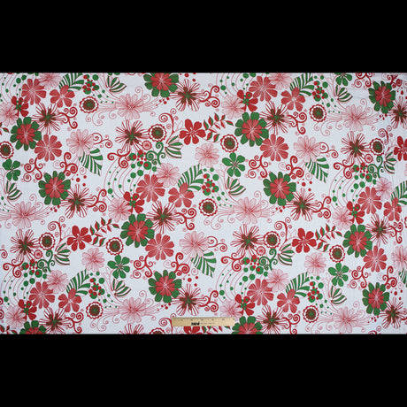 Red, Green and White Christmas-Spirited Floral Cotton Jersey