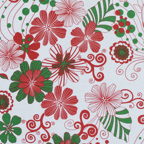 Red, Green and White Christmas-Spirited Floral Cotton Jersey