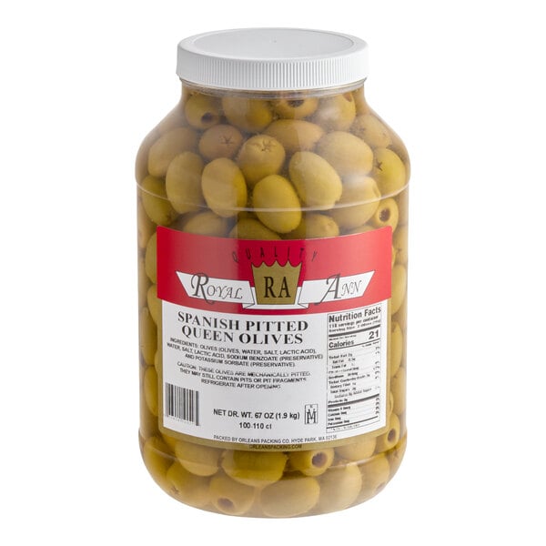 Spanish Pitted Queen Olives 1 Gallon (67 oz. Dr. Wt.) - 100/110 Count - 4/Case