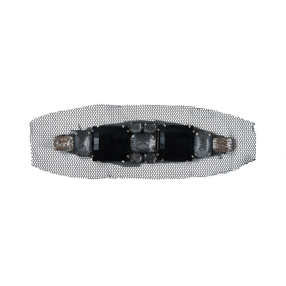 Black & Silver Mesh Covered Big Jewel Applique - 1" x 5"