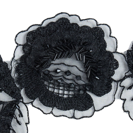 Black Organza Flower with Beads & Embroidery - 4" x 7"