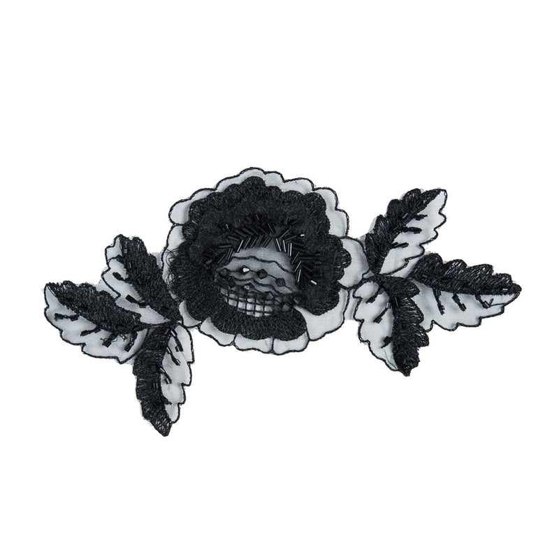 Black Organza Flower with Beads & Embroidery - 4" x 7"