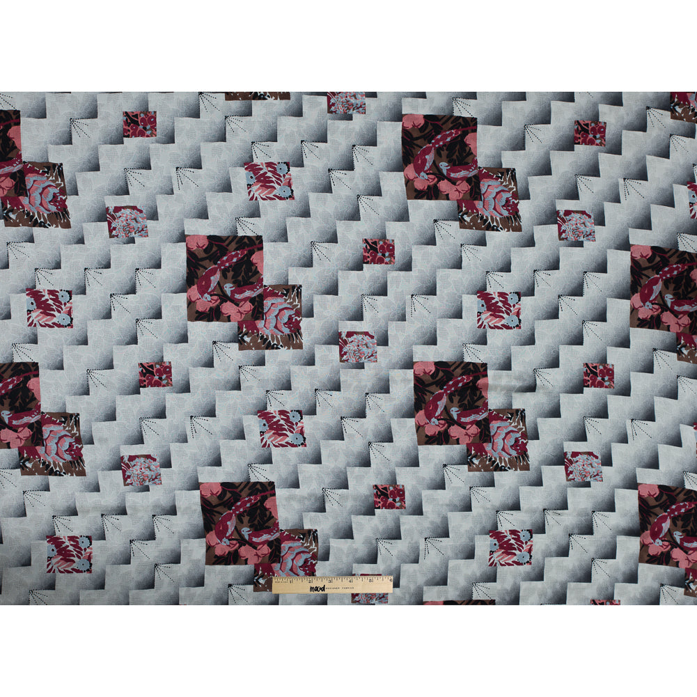 Famous NYC Designer Cloud Cream and Castle Rock Printed Silk Woven