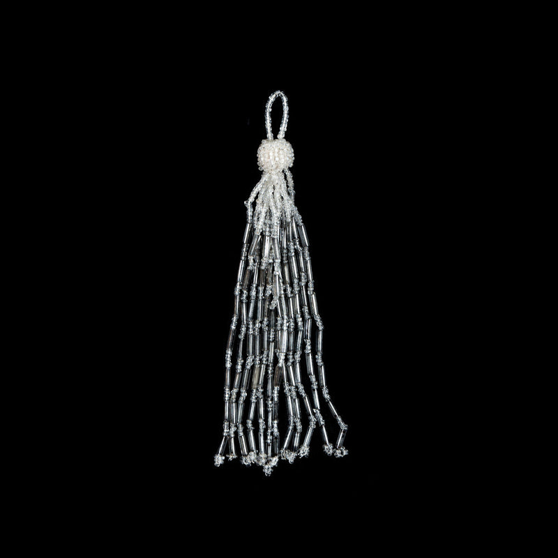 Medium Ivory and Silver Beaded Tassel - 5"