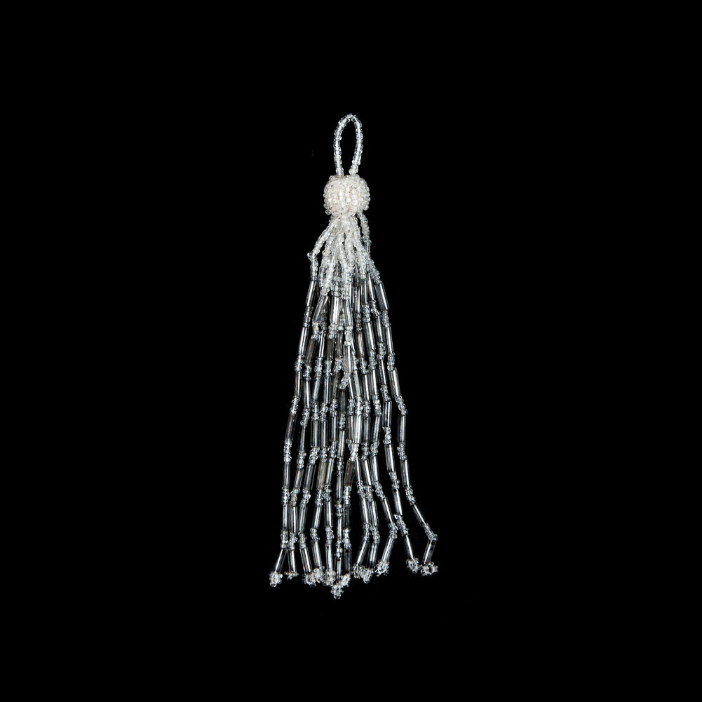 Medium Ivory and Silver Beaded Tassel - 5"