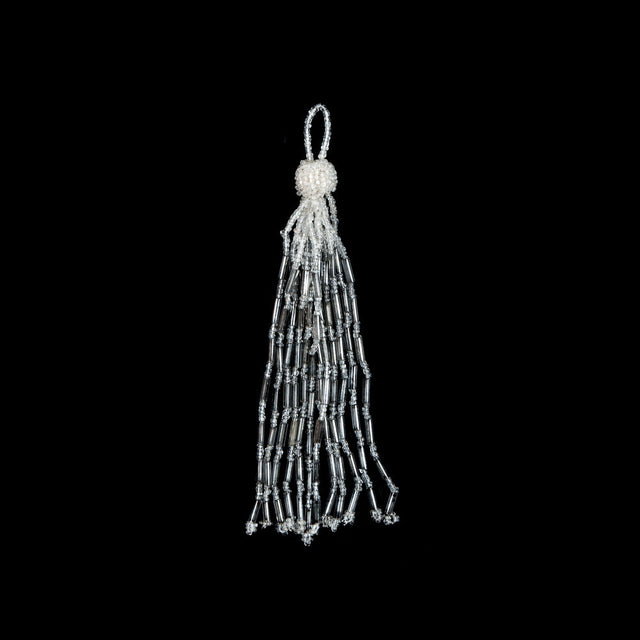 Medium Ivory and Silver Beaded Tassel - 5"