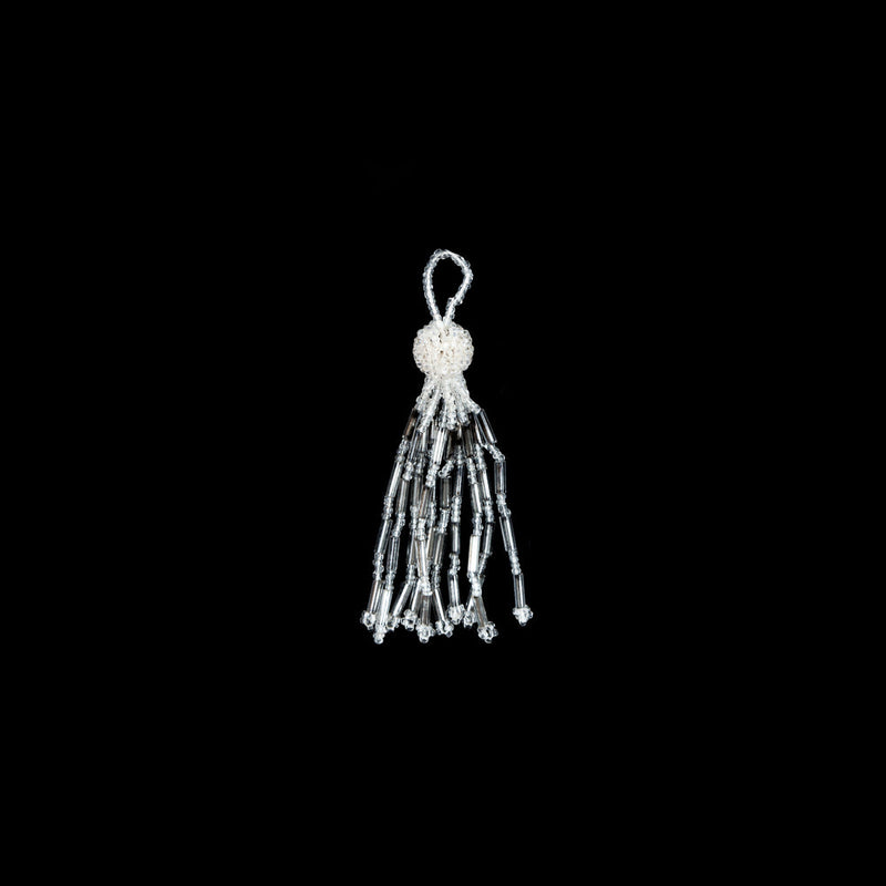 Small Ivory and Silver Beaded Tassel - 3"