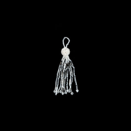 Small Ivory and Silver Beaded Tassel - 3"