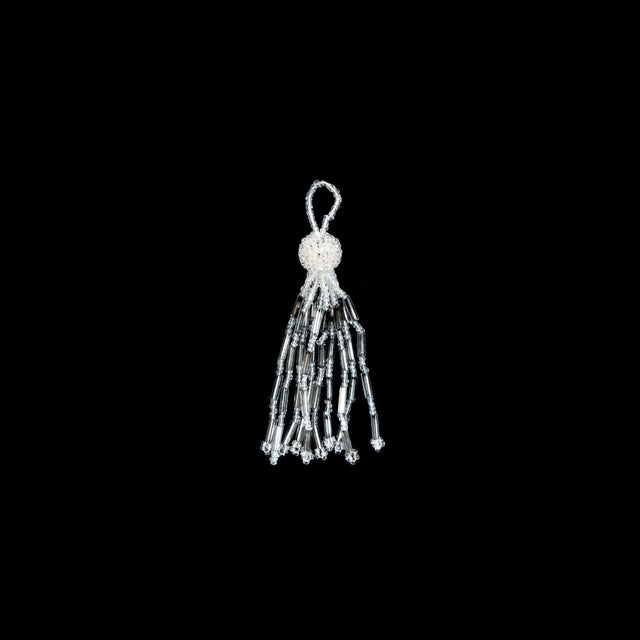 Small Ivory and Silver Beaded Tassel - 3"