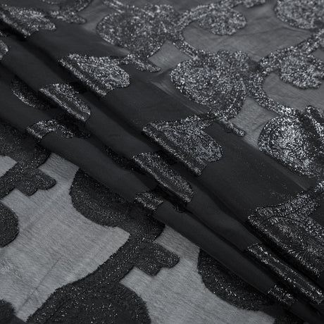 Famous NYC Designer Metallic Black Paisley Embroidered Chiffon