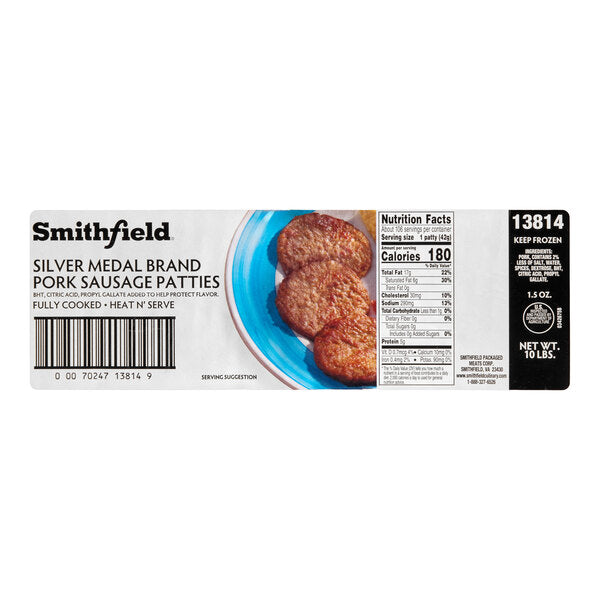 Smithfield 1.4 oz. Fully Cooked Pork Sausage Patty 10 lb.