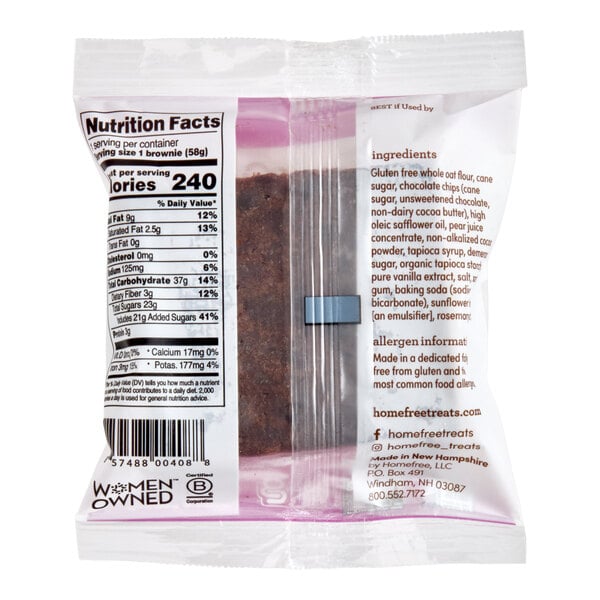 Homefree Individually Wrapped Vegan Gluten-Free Chocolate Chip Brownie 2 oz. - 24/Case