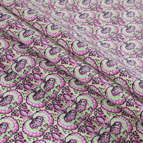 Phlox Pink and Green Flash Palmette Printed Stretch Cotton Twill