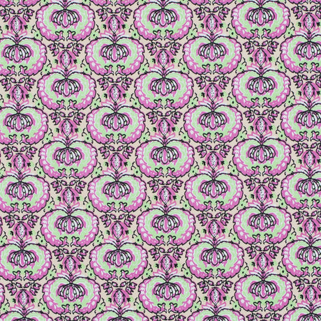 Phlox Pink and Green Flash Palmette Printed Stretch Cotton Twill