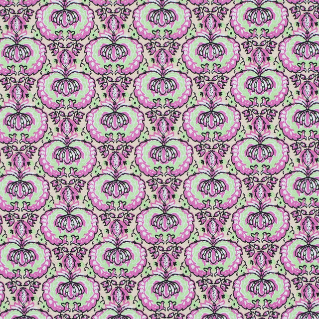 Phlox Pink and Green Flash Palmette Printed Stretch Cotton Twill