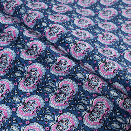 True Blue and Phlox Pink Palmette Printed Stretch Cotton Twill
