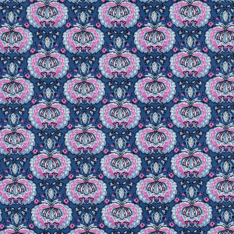 True Blue and Phlox Pink Palmette Printed Stretch Cotton Twill