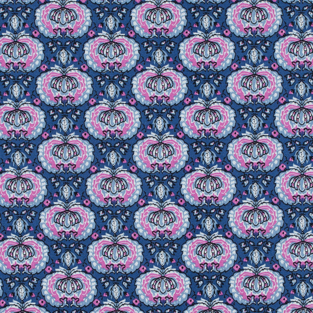 True Blue and Phlox Pink Palmette Printed Stretch Cotton Twill