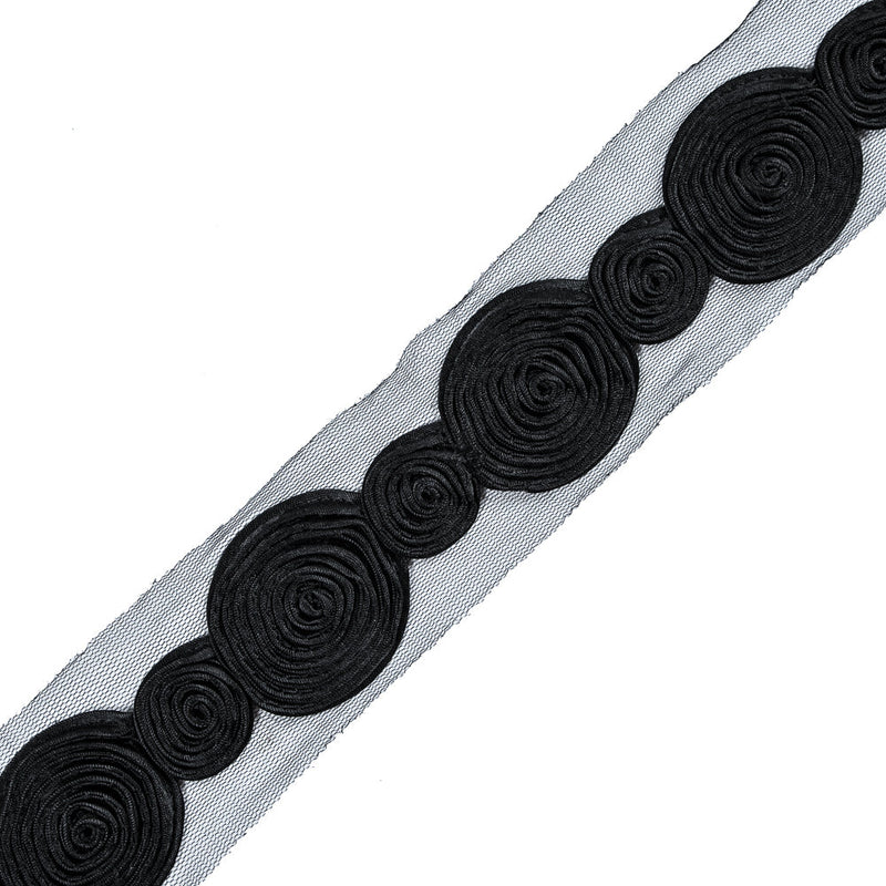 Black Embroidered Swirls Lace Trim - 2"