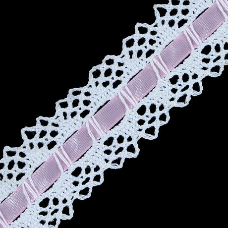 White Crochet Trim with Pink Ribbon - 1.25"