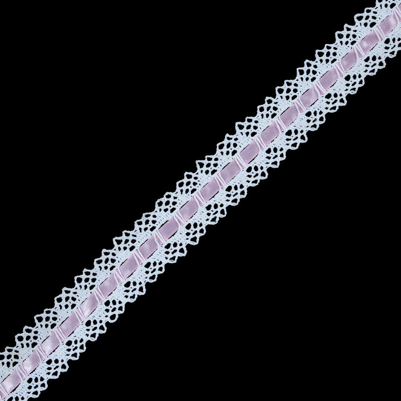 White Crochet Trim with Pink Ribbon - 1.25"