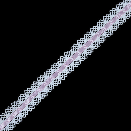 White Crochet Trim with Pink Ribbon - 1.25"